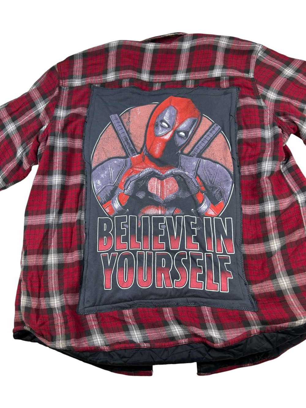 Red Plaid Flannel Jacket with Deadpool Back Patch - "Believe In Yourself" Size L - Picture 8 of 8